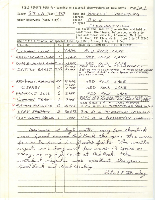 Field notes were contributed by Robert E. Thornburg. This item was used as supporting documentation for the Iowa Ornithologists' Union Quarterly field report of spring 1982.