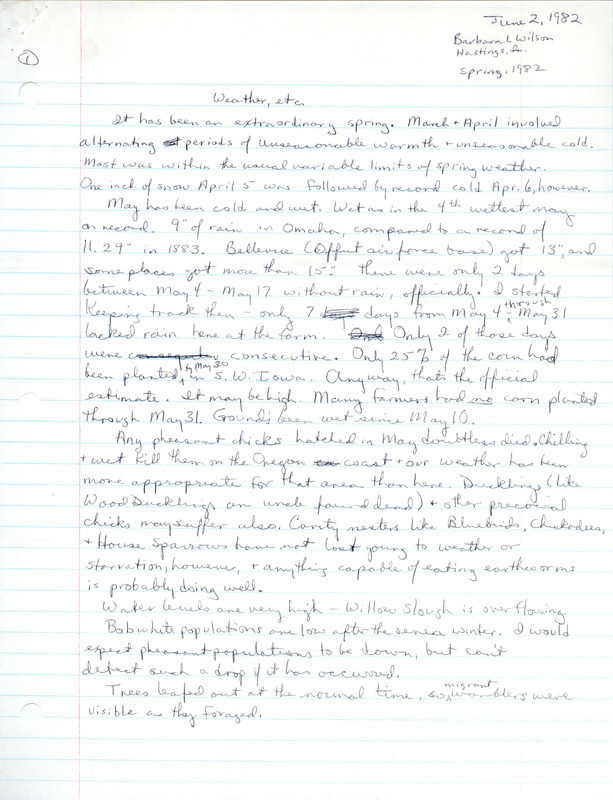 Field notes were contributed by Barbara L. Wilson and include a letter to Thomas H. Kent, June 9, 1982. This item was used as supporting documentation for the Iowa Ornithologists' Union Quarterly field report of spring 1982.