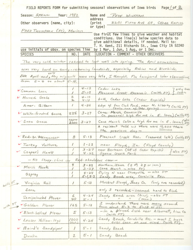 Field notes were contributed by Peter P. Wickham and Fred K. Thompson, observer. This item was used as supporting documentation for the Iowa Ornithologists' Union Quarterly field report of spring 1982.