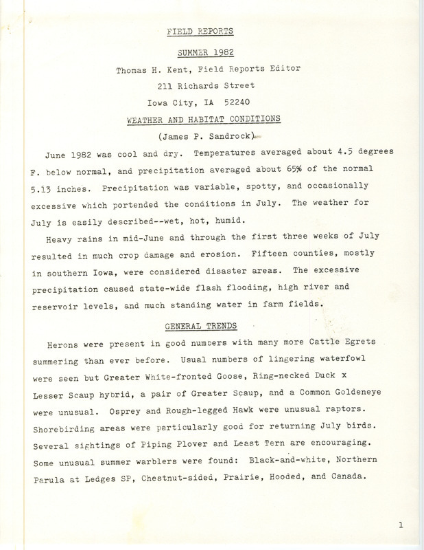 Quarterly field report for the summer of 1982 titled "Field reports" contributed by Thomas H. Kent. Weather and habitat conditions are contributed by James P. Sandrock. It is published in American Birds 36:126-135. The report is a draft with manual annotations.