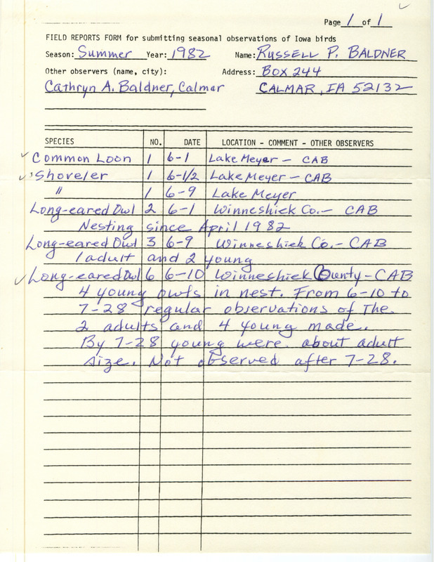 Field report was contributed by Russell P. Baldner and Carthryn A. Baldner. This item was used as supporting documentation for the Iowa Ornithologists' Union Quarterly field report of summer 1982.