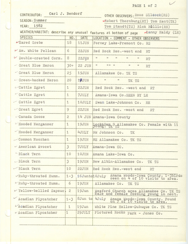 Field report was contributed by Carl J. Bendorf and other observers. This item was used as supporting documentation for the Iowa Ornithologists' Union Quarterly field report of summer 1982.