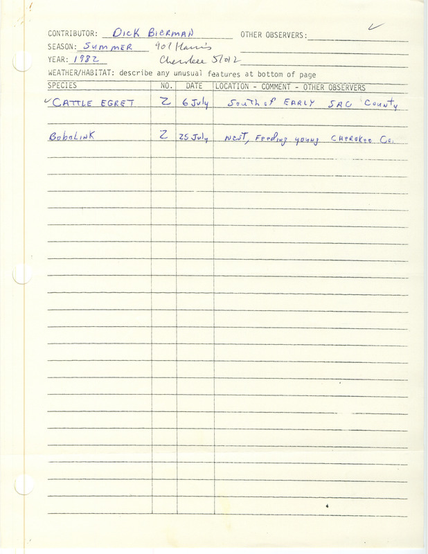 Field report was contributed by Dick Bierman and lists sightings of Cattle Egrets and Bobolinks. This item was used as supporting documentation for the Iowa Ornithologists' Union Quarterly field report of summer 1982.