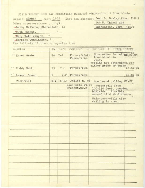 Field report was contributed by Jean B. Braley and other observers. She reports sightings of Eared Grebe, Ruddy Duck, Lesser Scaup, and Poor-will at Forney's Lake and Fremont County. This item was used as supporting documentation for the Iowa Ornithologists' Union Quarterly field report of summer 1982.