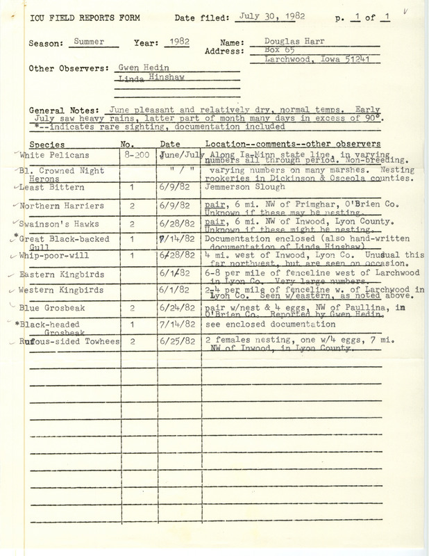 Field report was contributed by Douglas C. Harr and observers Gwen Hedin and Linda Hinshaw. This item was used as supporting documentation for the Iowa Ornithologists' Union Quarterly field report of summer 1982.