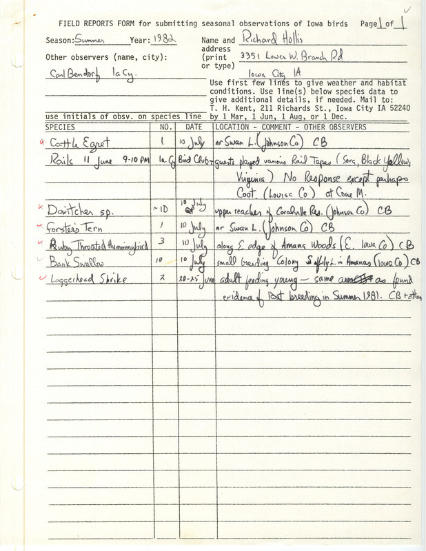 Field report from was contributed by Richard Hollis and observer Carl Bendorf. This item was used as supporting documentation for the Iowa Ornithologists' Union Quarterly field report of summer 1982.