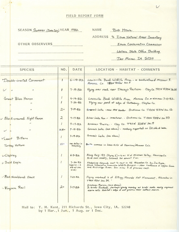 Field report was contributed by Robert W. Howe. This item was used as supporting documentation for the Iowa Ornithologists' Union Quarterly field report of summer 1982.