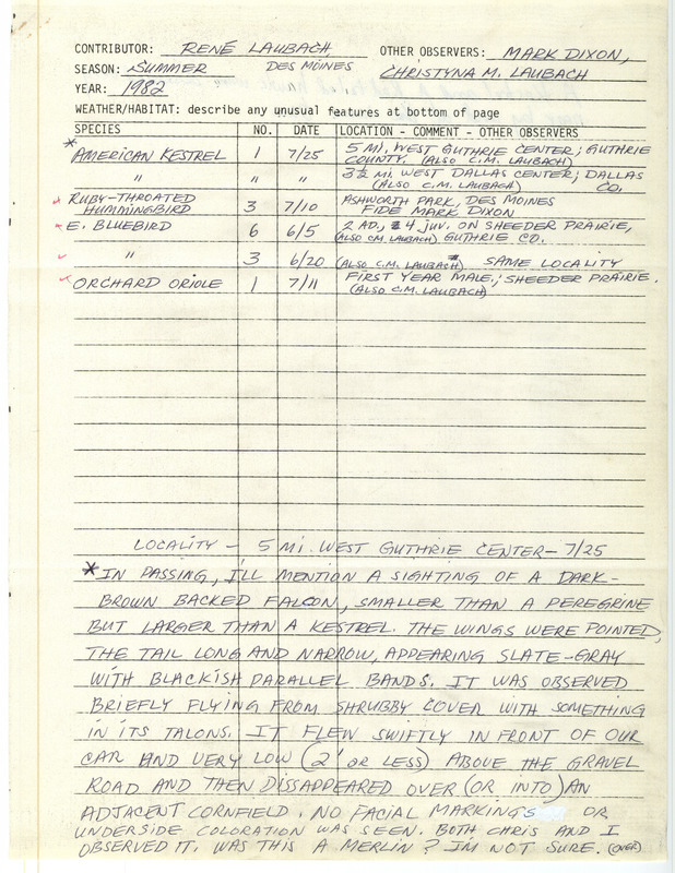 Field report was contributed by Rene Laubach and observers Mark Dixon and Christyna M. Laubach. This item was used as supporting documentation for the Iowa Ornithologists' Union Quarterly field report of summer 1982.