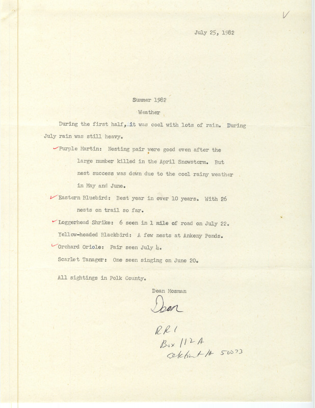 Field report on bird nest sightings was contributed by Dean Mosman. This item was used as supporting documentation for the Iowa Ornithologists' Union Quarterly field report of summer 1982.