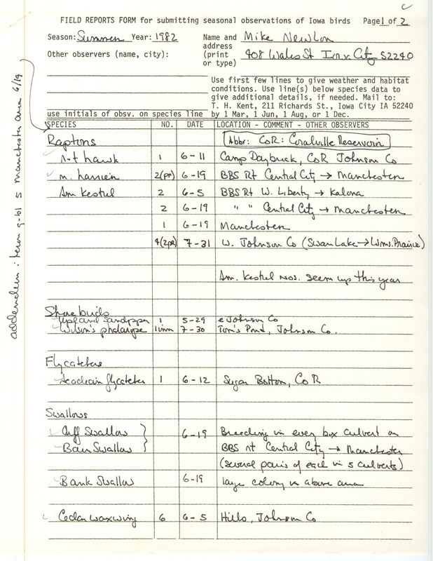 Field report for Iowa City was contributed by Michael C. Newlon. This item was used as supporting documentation for the Iowa Ornithologists' Union Quarterly field report of summer of 1982.