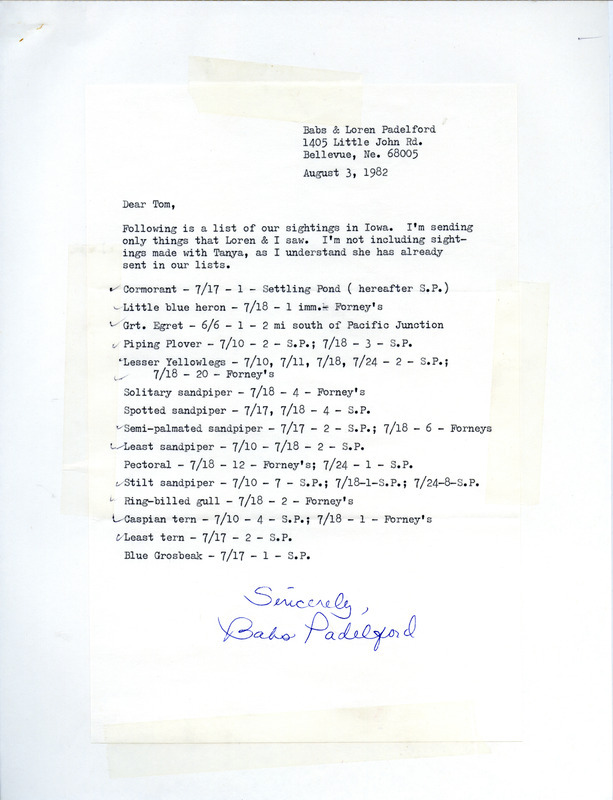 Bird sightings were contributed by Babs and Loren Padelford in a letter to Thomas H. Kent. This item was used as supporting documentation for the Iowa Ornithologists' Union Quarterly field report of summer 1982.