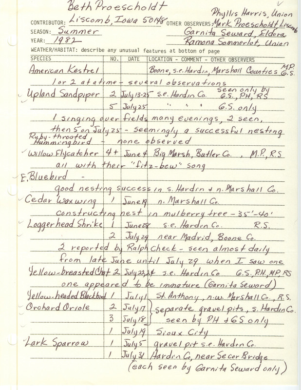 Field report was contributed by Beth Proescholdt and other observers. This item was used as supporting documentation for the Iowa Ornithologists' Union Quarterly field report of summer 1982.