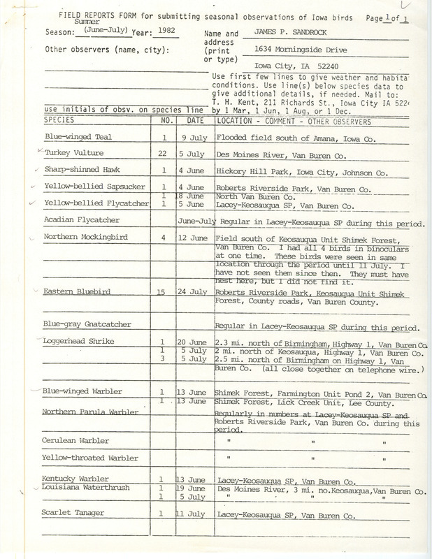 Field report was contributed by James P. Sandrock. This item was used as supporting documentation for the Iowa Ornithologists' Union Quarterly field report of summer 1982.