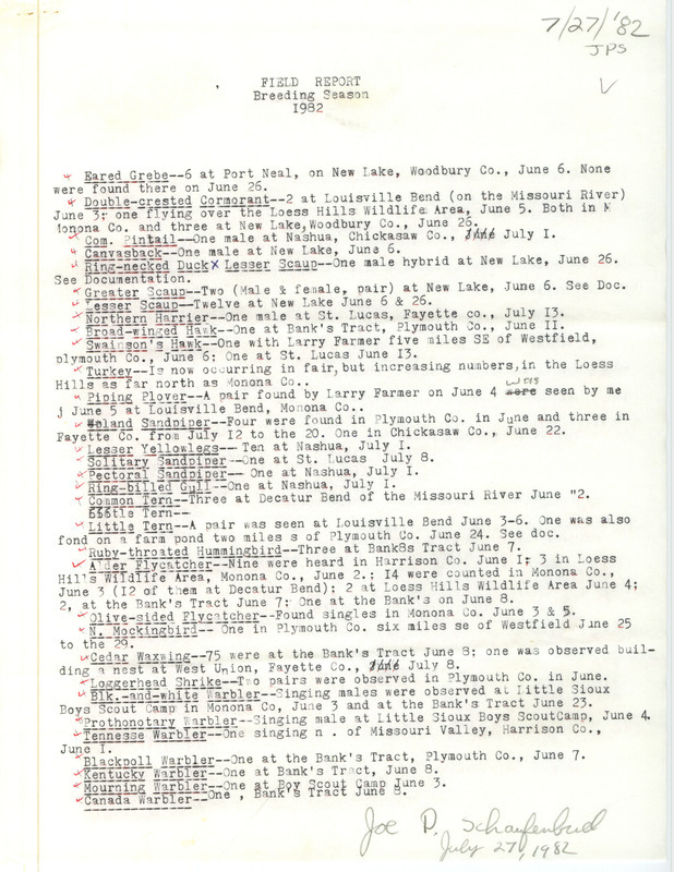 Field report of breeding season was contributed by Joseph P. Schaufenbuel. This item was used as supporting documentation for the Iowa Ornithologists' Union Quarterly field report of summer 1982.