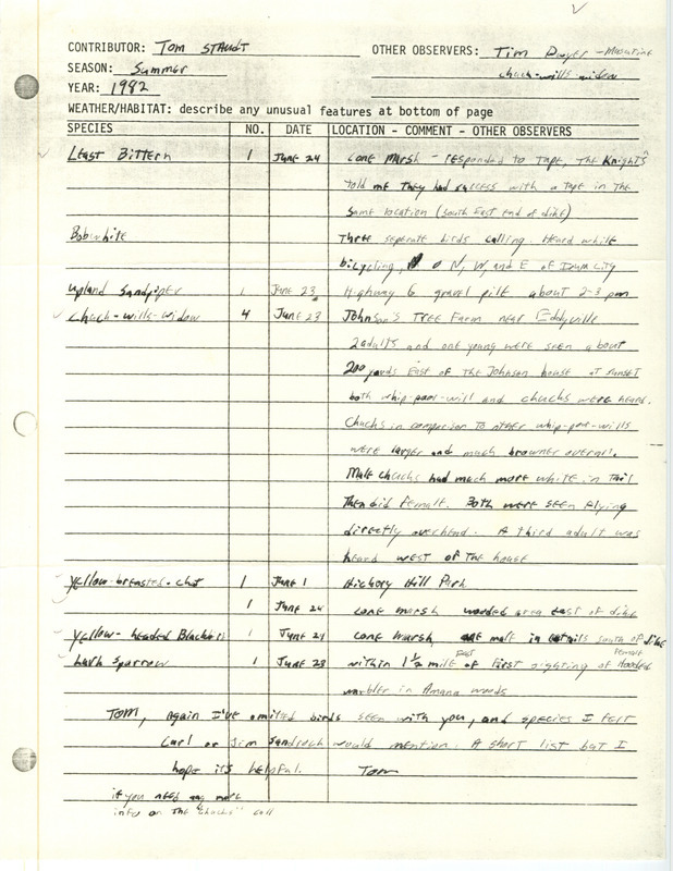 Field report was contributed by Tom Staudt and Timothy L. Dwyer, observer. This item was used as supporting documentation for the Iowa Ornithologists Union Quarterly field report of summer 1982.