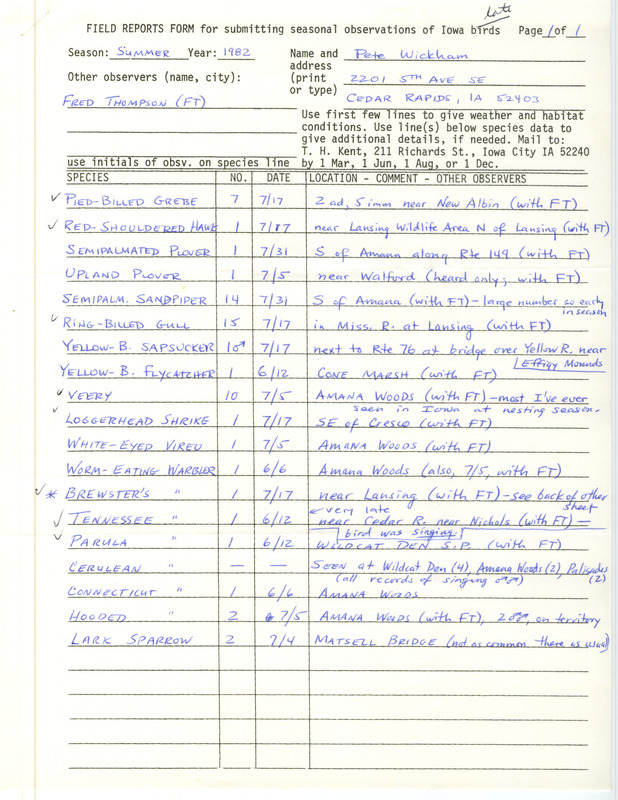 Field report and bird sightings checklist were contributed by Peter P. Wickham. Fred K. Thompson was an observer on the field report. The report includes the Prairieburg breeding bird County.This item was used as supporting documentation for the Iowa Ornithologists' Union Quarterly field report of summer 1982.