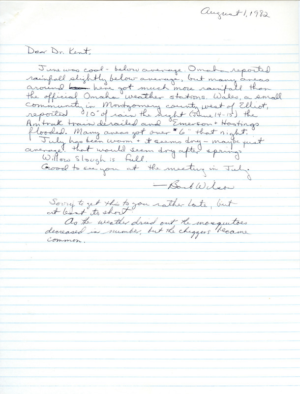 Bird breeding report was contributed by Barbara L. Wilson in a letter to Thomas H. Kent. This item was used as supporting documentation for the Iowa Ornithologists' Union Quarterly field report of summer 1982.