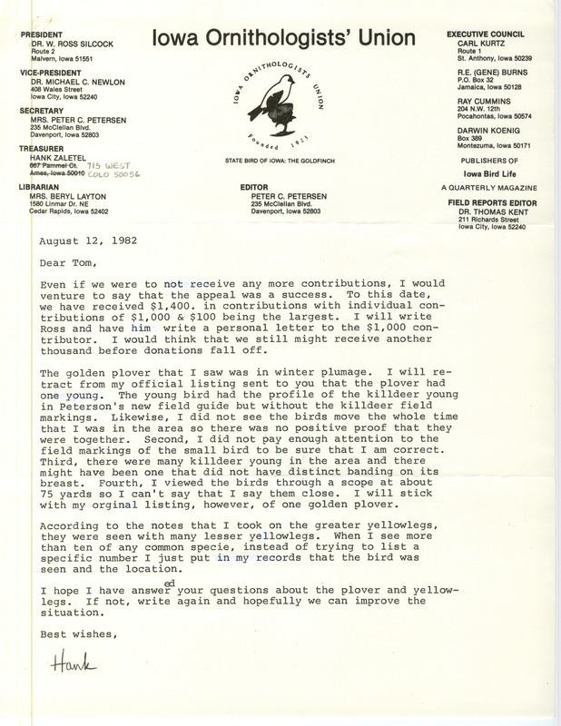 This letter was contributed by Hank Zaletel to Thomas H. Kent. Hank is describing the identification of a young bird seen with a Golden Plover which he reported previously. This item was used as supporting documentation for the Iowa Ornithologists' Union Quarterly field report of summer 1982.