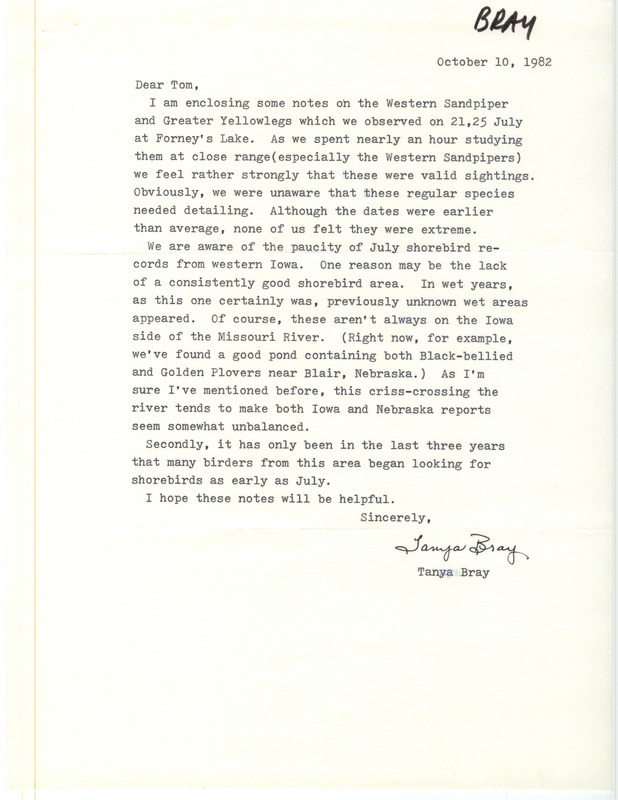 Bird sightings of the Western Sandpiper and Greater Yellowlegs contributed by Tanya Bray in a letter to Thomas H. Kent. This item was used as supporting documentation for the Iowa Ornithologists' Union Quarterly field report of fall 1982.