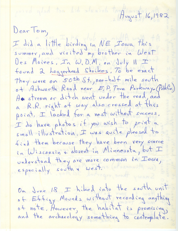 Bird sightings in West Des Moines, Iowa contributed by Fred Lesher in a letter to Thomas H. Kent. This item was used as supporting documentation for the Iowa Ornithologists' Union Quarterly field report of fall 1982.