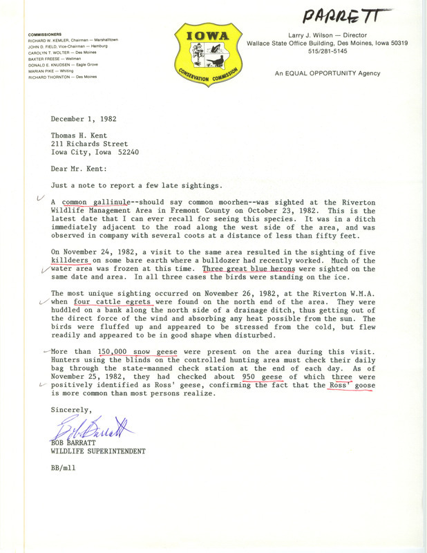 Bird sightings contributed by Bob Barratt in a letter to Thomas H. Kent. This item was used as supporting documentation for the Iowa Ornithologists' Union Quarterly field report of fall 1982.