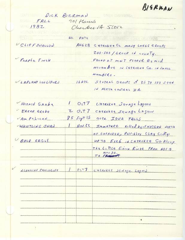 Field report contributed by Dick Bierman. This item was used as supporting documentation for the Iowa Ornithologists' Union Quarterly field report of fall 1982.