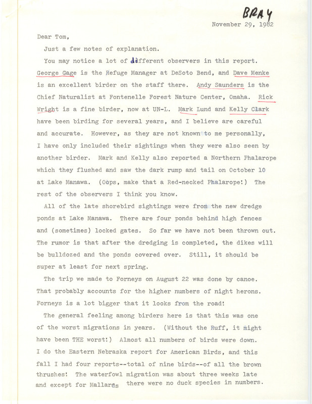 Field report was contributed by Tanya Bray and other observers in a letter to Thomas H. Kent. This item was used as supporting documentation for the Iowa Ornithologists' Union Quarterly field report of fall 1982.