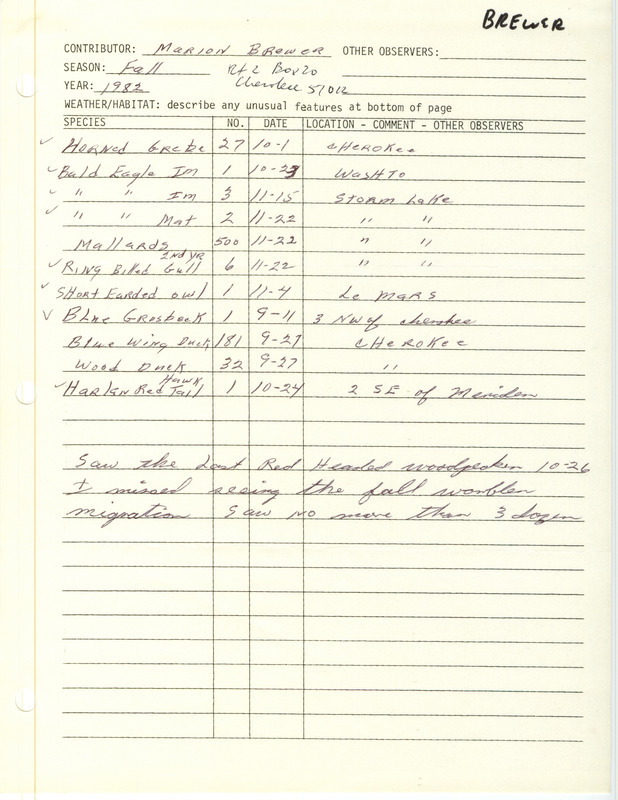 Field report was contributed by Marion M. Brewer. This item was used as supporting documentation for the Iowa Ornithologists' Union Quarterly field report of fall 1982.