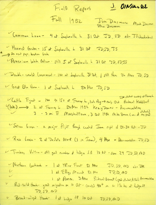 Field notes were contributed by James J. Dinsmore, Stephen J. Dinsmore and Mark Dinsmore. The report describes numerous species killed at the Alleman TV Tower on September 13-14, 1982. This item was used as supporting documentation for the Iowa Ornithologists' Union Quarterly field report of fall 1982.