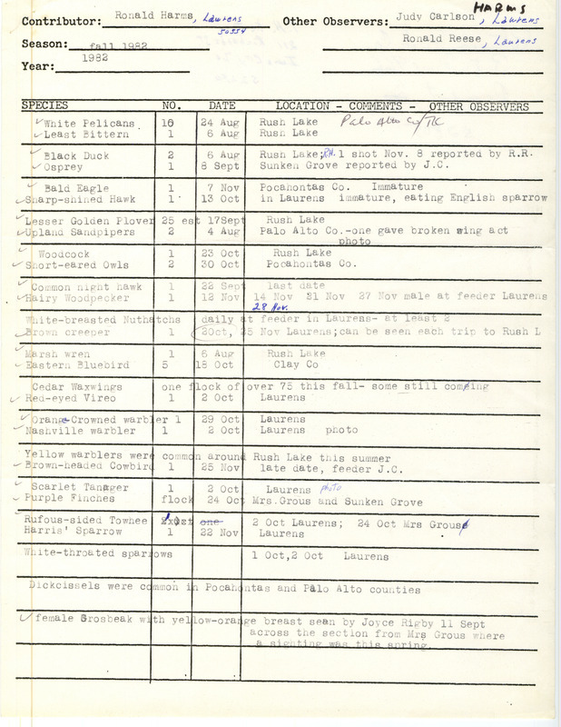 Field report contributed by Ronald Harms and other observers. This item was used as supporting documentation for the Iowa Ornithologists' Union Quarterly field report of fall 1982.