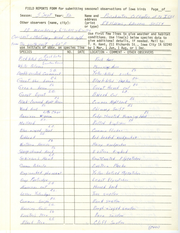 Field notes were contributed by Ronald Harms and members of the Pocahontas County Chapter of the Iowa Ornithologists' Union. The number of species sighted are not recorded. This item was used as supporting documentation for the Iowa Ornithologists' Union Quarterly field report of fall 1982.