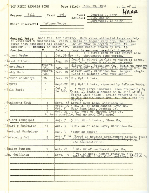 Field report contributed by Douglas C. Harr and LaVonne Foote, observer. This item was used as supporting documentation for the Iowa Ornithologists' Union Quarterly field report of fall 1982.