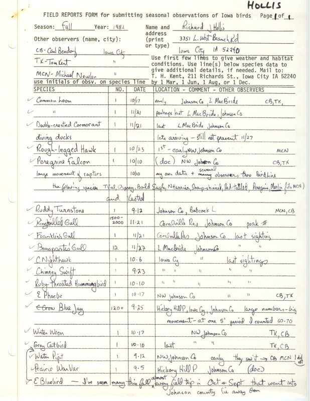 Field report contributed by Richard J. Hollis and other observers. This item was used as supporting documentation for the Iowa Ornithologists' Union Quarterly field report of fall 1982.