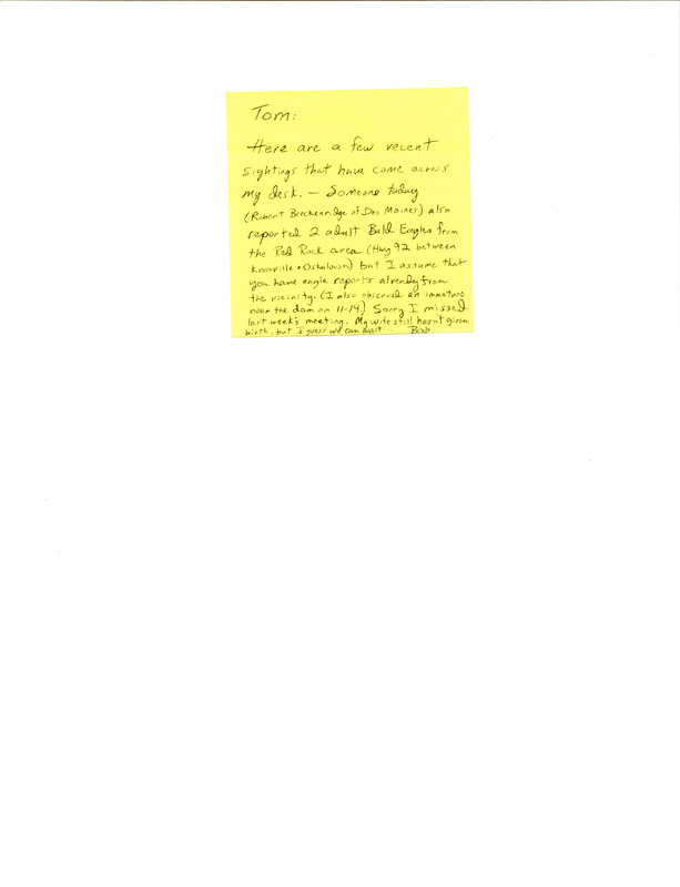 Field note was contributed by Robert Howe to Thomas H. Kent. He is reporting that Robert Breckenridge reported two adult Bald Eagles in the Red Rock area. This item was used as supporting documentation for the Iowa Ornithologists' Union Quarterly field report of fall 1982.