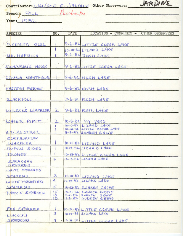 Field report was contributed by Wallace E. Jardine. This item was used as supporting documentation for the Iowa Ornithologists' Union Quarterly field report of fall 1982.