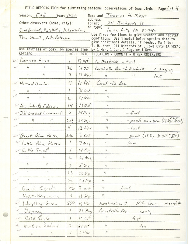 Field report contributed by Thomas H. Kent and other observers. This item was used as supporting documentation for the Iowa Ornithologists' Union Quarterly field report of fall 1982.