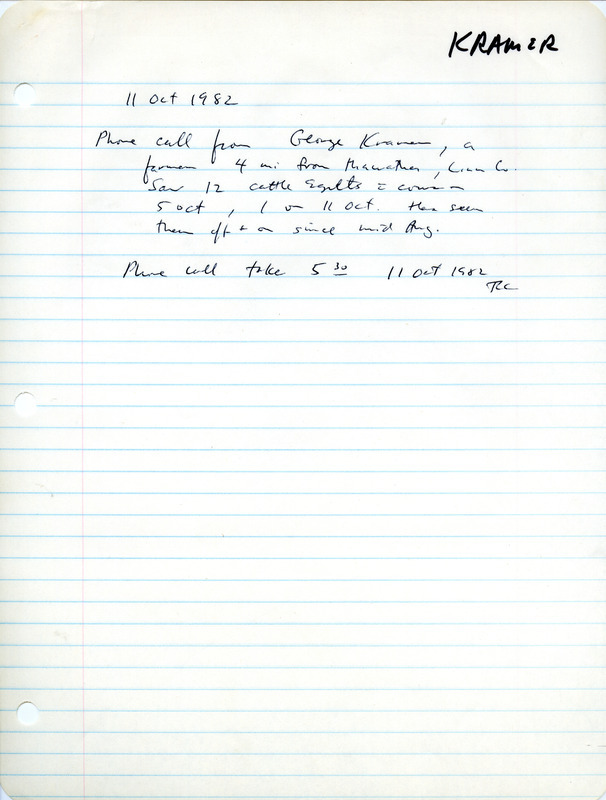 Field note regarding a sighting of Cattle Egrets by George Kramer. This item was used as supporting documentation for the Iowa Ornithologists' Union Quarterly field report of fall 1982.