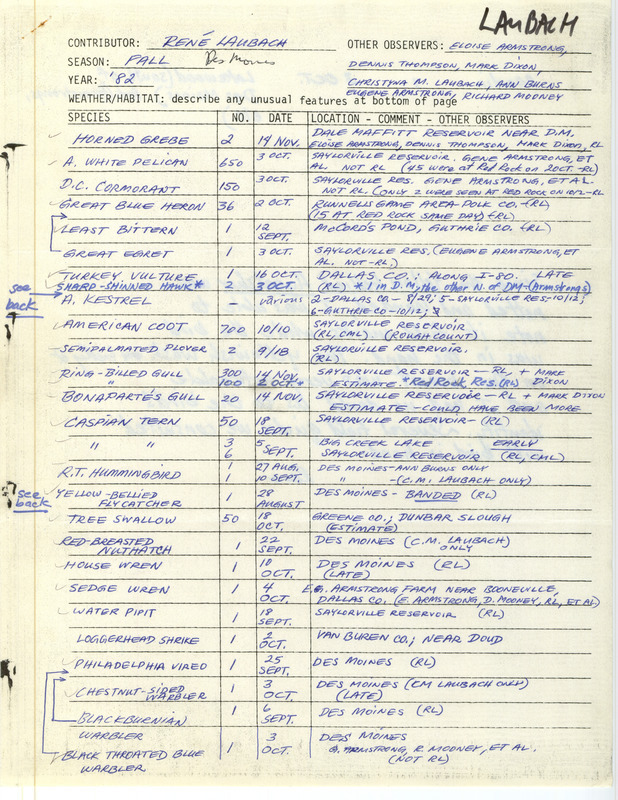 Field report was contributed by Rene Laubach and other observers. This item was used as supporting documentation for the Iowa Ornithologists' Union Quarterly field report of fall 1982.