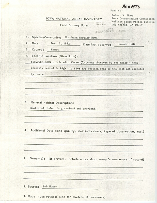 Field notes were contributed by Robert W. Howe. The field notes were submitted on the Iowa Natural Areas Inventory form. This item was used as supporting documentation for the Iowa Ornithologists' Union Quarterly field report of fall 1982.