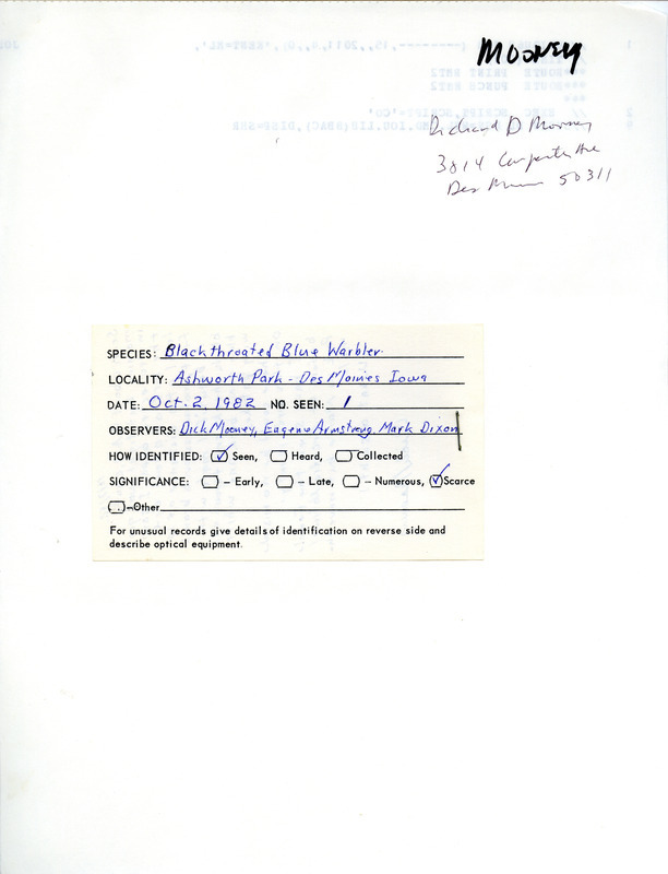 Field notes were contributed by Richard Mooney and other observers. This item was used as supporting documentation for the Iowa Ornithologists' Union Quarterly field report of fall 1982.