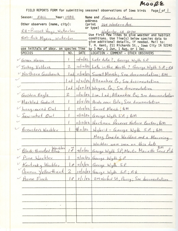 Field notes were contributed by Francis L. Moore and other observers. This item was used as supporting documentation for the Iowa Ornithologists' Union Quarterly field report of fall 1982.