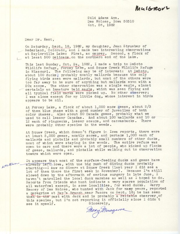 Field notes contributed by Mary R. Musgrove in a letter to Thomas H. Kent. This item was used as supporting documentation for the Iowa Ornithologists' Union Quarterly field report of fall 1982.