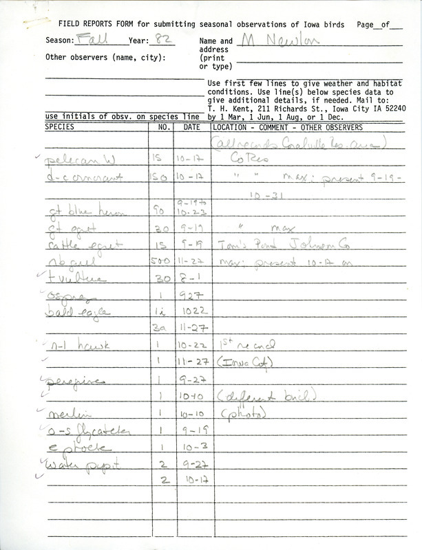 Field notes were contributed by Michael C. Newlon. This item was used as supporting documentation for the Iowa Ornithologists' Union Quarterly field report of fall 1982.