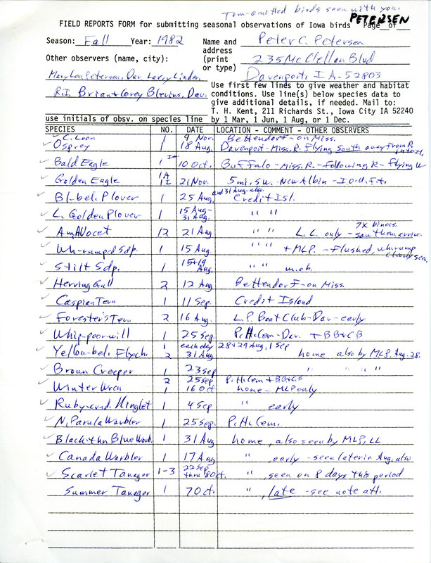 Field notes were contributed by Peter C. Petersen and other observers. This item was used as supporting documentation for the Iowa Ornithologists' Union Quarterly field report of fall 1982.