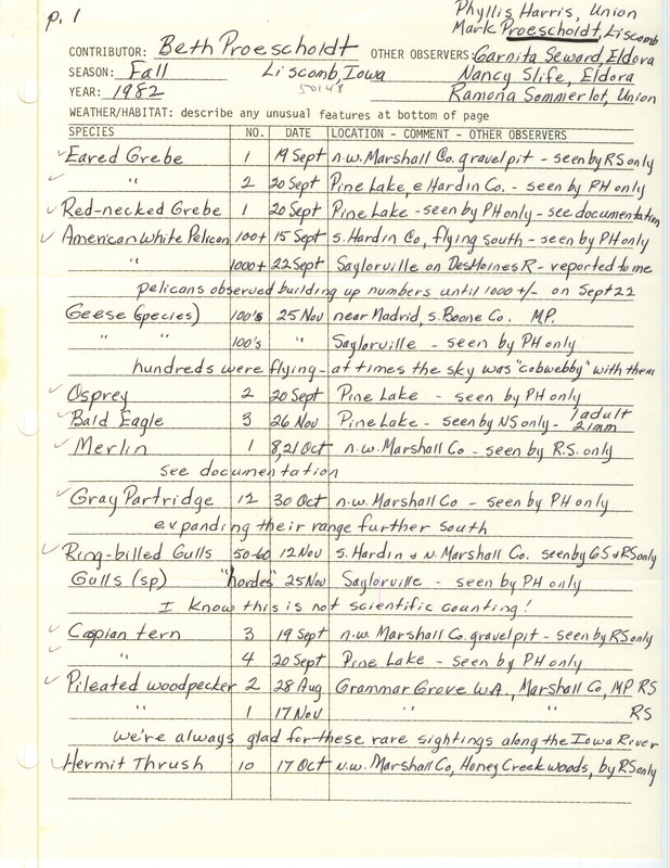 Field notes were contributed by Beth Proescholdt and other observers. This item was used as supporting documentation for the Iowa Ornithologists' Union Quarterly field report of fall 1982.