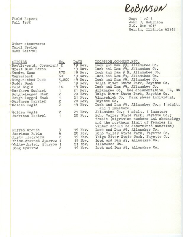 Field notes were contributed by John C. Robinson and other observers. This item was used as supporting documentation for the Iowa Ornithologists' Union Quarterly field report of fall 1982.