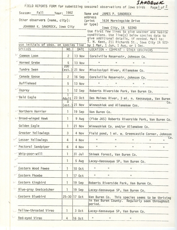 Field notes were contributed by James P. Sandrock and Johanna K. Sandrock, observer. This item was used as supporting documentation for the Iowa Ornithologists' Union Quarterly field report of fall 1982.