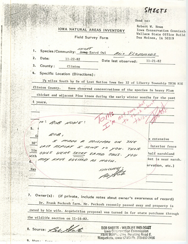 Field notes were contributed by Bob Sheets. The notes were submitted with the Iowa Natural Areas Inventory form about a farm near Lost Nation, Iowa.This item was used as supporting documentation for the Iowa Ornithologists' Union Quarterly field report of fall 1982.