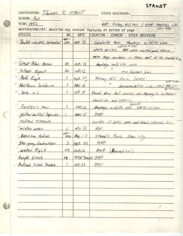 Field notes were contributed by Thomas J. Staudt. This item was used as supporting documentation for the Iowa Ornithologists' Union Quarterly field report of fall 1982.