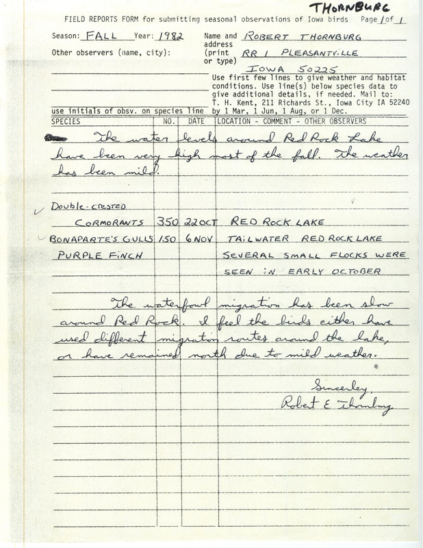 Field notes were contributed by Robert E. Thornburg. This item was used as supporting documentation for the Iowa Ornithologists' Union Quarterly field report of fall 1982.